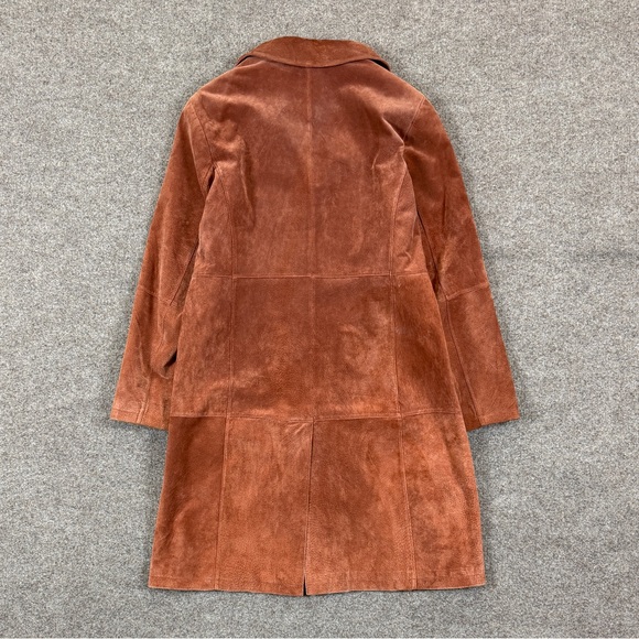 Massini Rust Brown Suede Leather Mid Length Button Front Car Coat Women’s Large - Picture 2 of 9